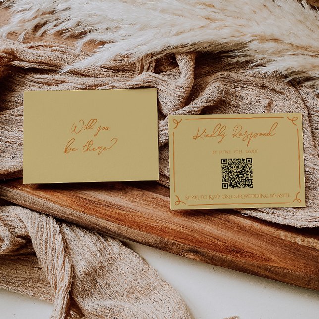 Cartão RSVP Casamento Código QR Escrito à Mão Laranja Amarelo  (Criador carregado)