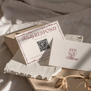 Cartão RSVP Casamento Código QR Floral Borgonha Clássico Dinhe
