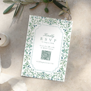 Cartão RSVP Casamento Código QR Floral Botânico Sage Vintage