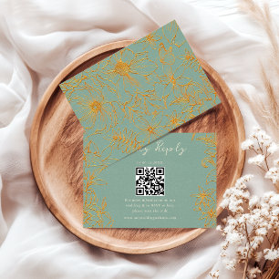 Cartão RSVP Casamento Código QR Floral Elegante Verde Dourado