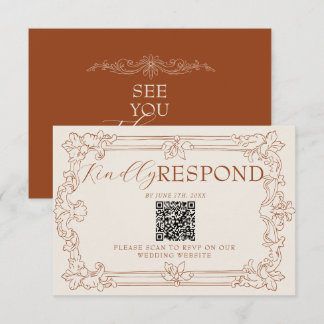 Cartão RSVP Casamento Código QR Floral Laranja Queimado Terrac