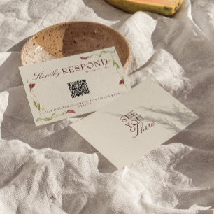 Cartão RSVP Casamento Código QR Floral Vintage Arte Novo Retrô