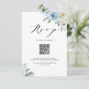 Cartão RSVP Casamento Código QR Flores Azuis e Brancas em Aqua