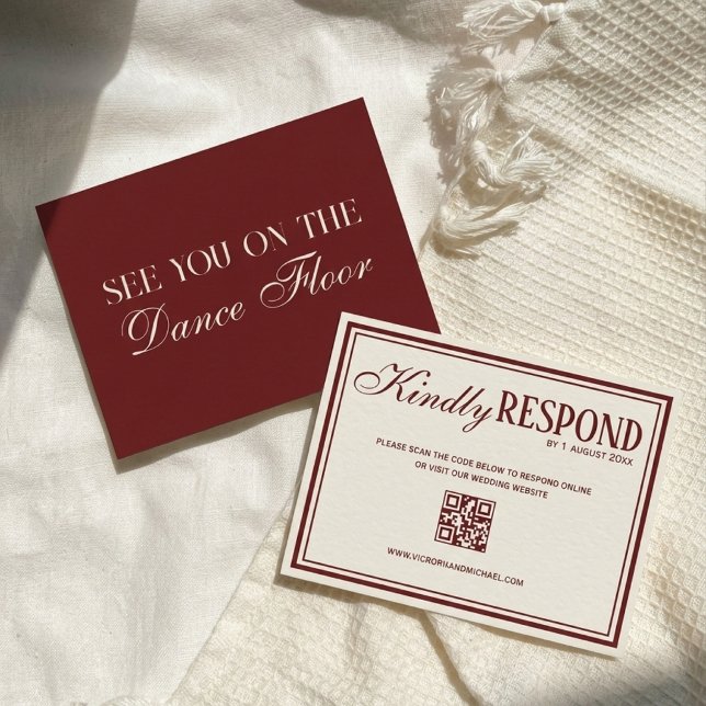 Cartão RSVP Casamento Código QR Marfim Borgonha Chic Dinheiro  (Criador carregado)