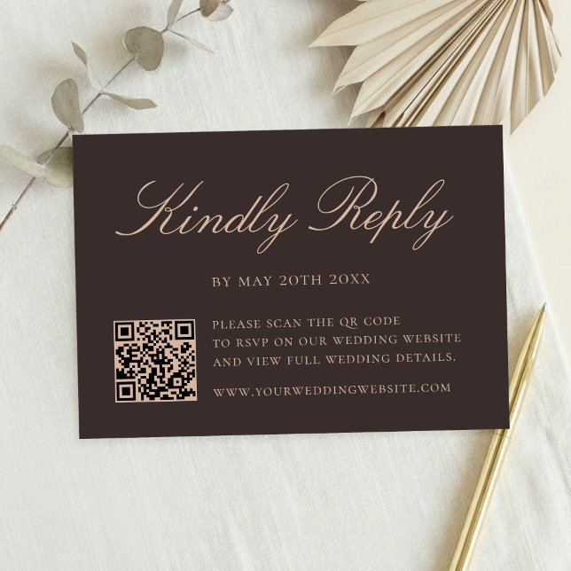 Cartão RSVP Casamento Código QR Marrom Elegante (Criador carregado)