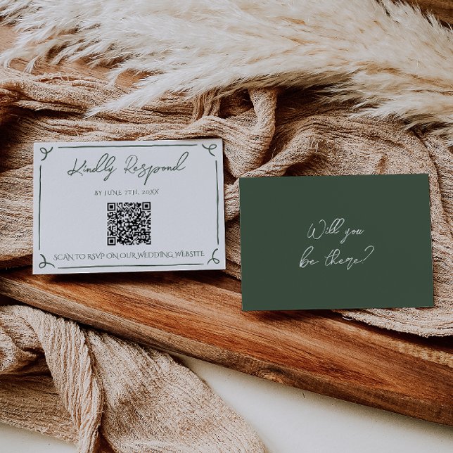 Cartão RSVP Casamento Código QR Verde Musgo Escuro Boho Capric (Criador carregado)