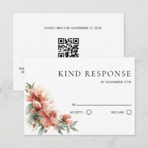 Cartão RSVP Casamento Código QR Vermelho Coral Peônia Rosa Rub