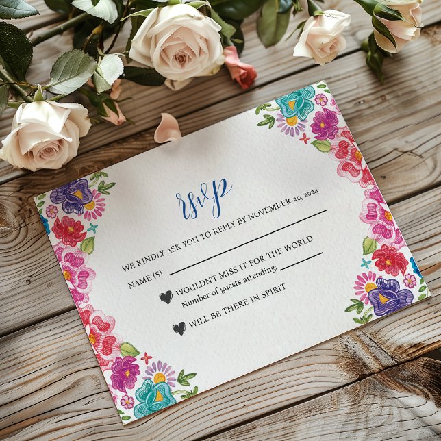 Cartão RSVP Casamento Colorido de Fiesta Botânica Mexicana (Mexican Colorful Floral Botanical Fiesta Wedding RSVP Card)