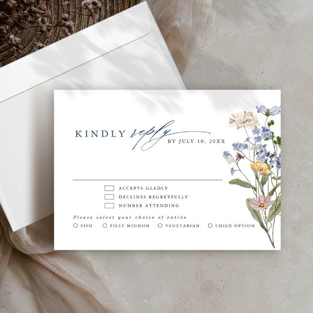 Cartão RSVP Casamento Colorido de Primavera Wildflower Meadow  (Colorful Spring Wildflower Meadow Garden Wedding RSVP Card with meal choice. )
