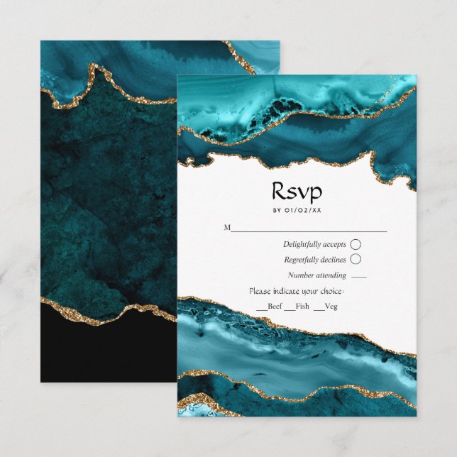 Cartão RSVP Casamento com Ágata Azul e Dourado (Frente/Verso)