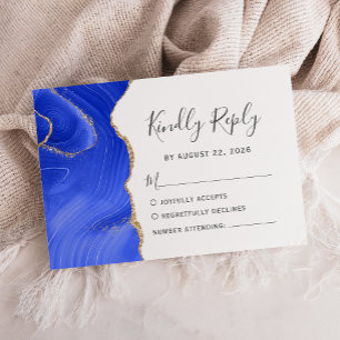 Cartão RSVP Casamento com Agata Dourada Azul Real Moderno