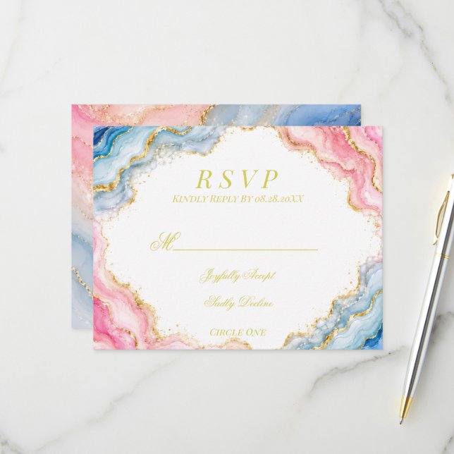 Cartão RSVP Casamento com Ágata Rosa Azul Dourada (Frente/Verso In Situ)