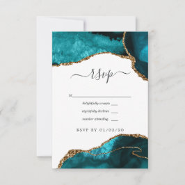 Cartão RSVP Casamento com Ágata Turquesa e Dourado
