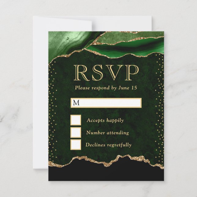 Cartão RSVP Casamento com Ágata Verde e Dourada (Frente)