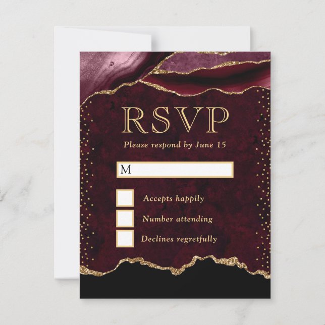 Cartão RSVP Casamento com Ágata Vermelha e Dourada (Frente)