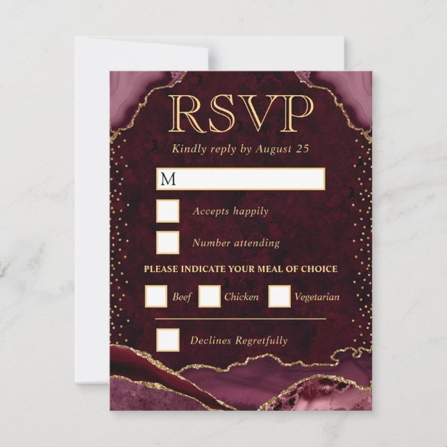 Cartão RSVP Casamento com Ágata Vermelha e Dourada (Frente)