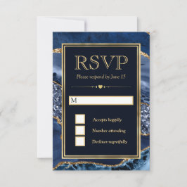 Cartão RSVP Casamento com Agitação Azul Elegante e Dourada