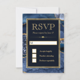 Cartão RSVP Casamento com Agitação Azul Elegante e Dourada