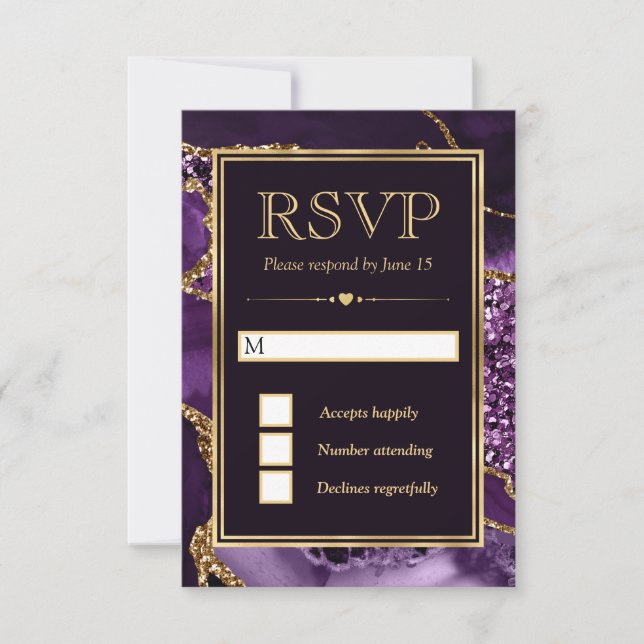 Cartão RSVP Casamento com Agitação Dourada e Roxo Elegante (Frente)