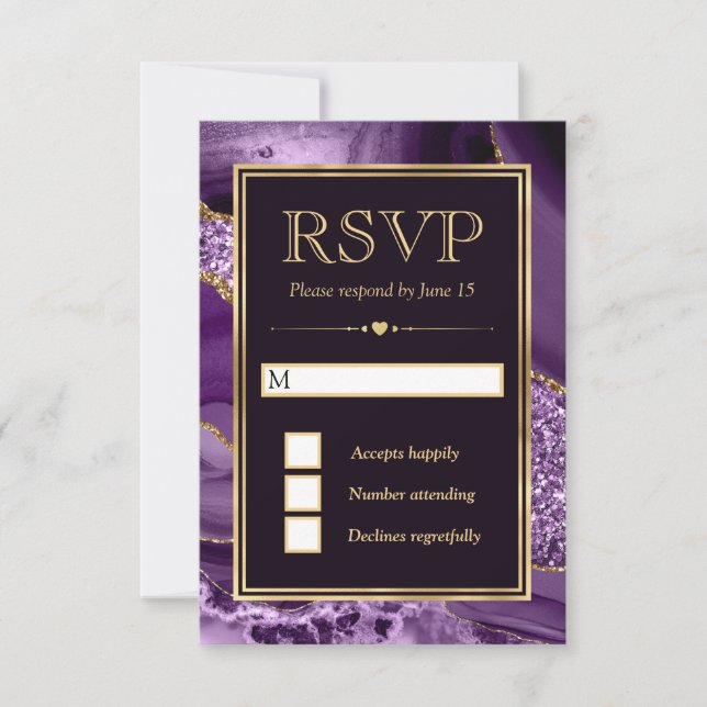 Cartão RSVP Casamento com Agitação Dourada e Roxo Elegante (Frente)