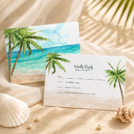 Cartão RSVP Casamento com aquarela de praia costeira com palme