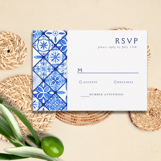 Cartão RSVP Casamento com Azulejos Azuis do Mediterrâneo Moder (Criador carregado)