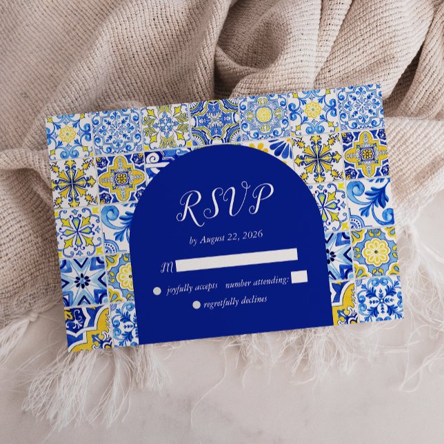 Cartão RSVP Casamento com Azulejos brancos azul-amarelos (Criador carregado)