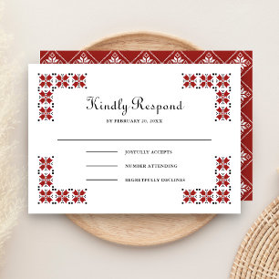 Cartão RSVP Casamento com Bordado Ucraniano Vermelho e Preto