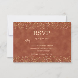 Cartão RSVP Casamento com Brilho Dourado em Terracota Rústica 