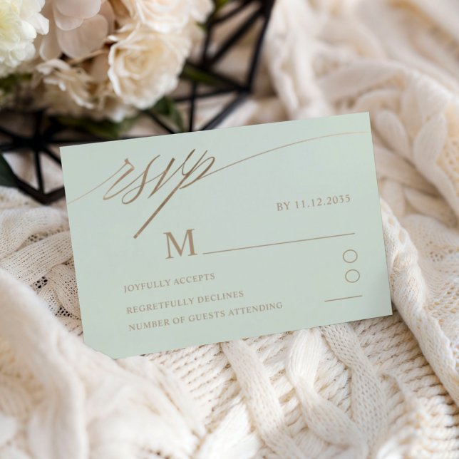 Cartão RSVP Casamento com Caligrafia em Ouro Falso e Verde Mod (Criador carregado)
