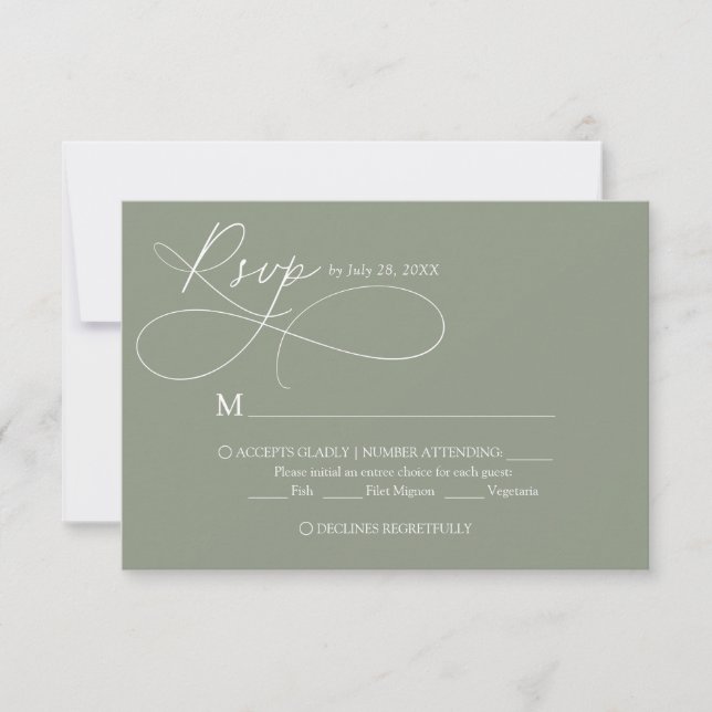 Cartão RSVP Casamento com Caligrafia em Script Verde Sálvia El (Frente)