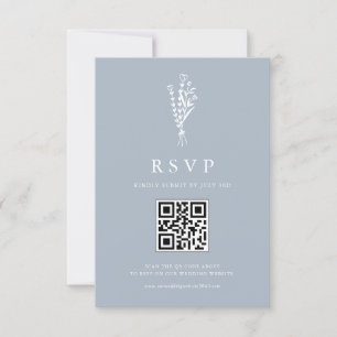 Cartão RSVP Casamento com Código QR Azul Dusty Buquê Minimalis
