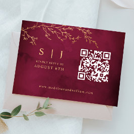 Cartão RSVP Casamento com Código QR Botânico Vermelho e Dourad