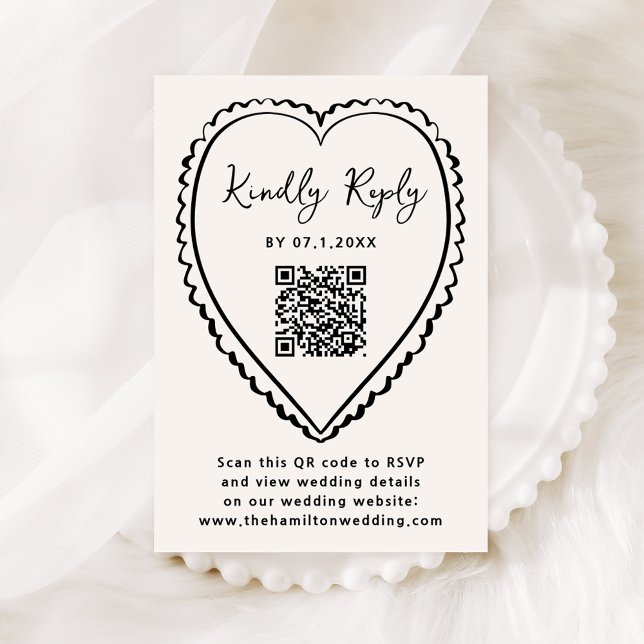 Cartão RSVP Casamento com Código QR Coração Preto Caprichoso (Criador carregado)