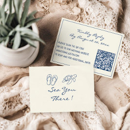 Cartão RSVP Casamento com Código QR de Folha Tropical Azul Ele