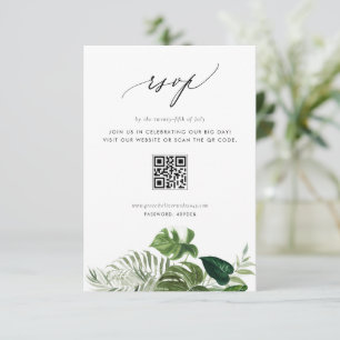 Cartão RSVP Casamento com Código QR de Folhagem Monstera em Aq