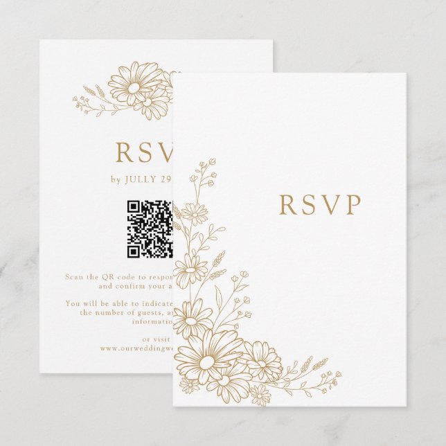 Cartão RSVP Casamento com Código QR de Margarida Botânica Dour (Frente/Verso)