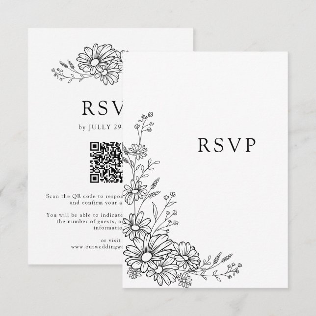 Cartão RSVP Casamento com Código QR de Margarida Botânica Pret (Frente/Verso)