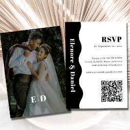 Cartão RSVP Casamento com código QR de onda branca e preta