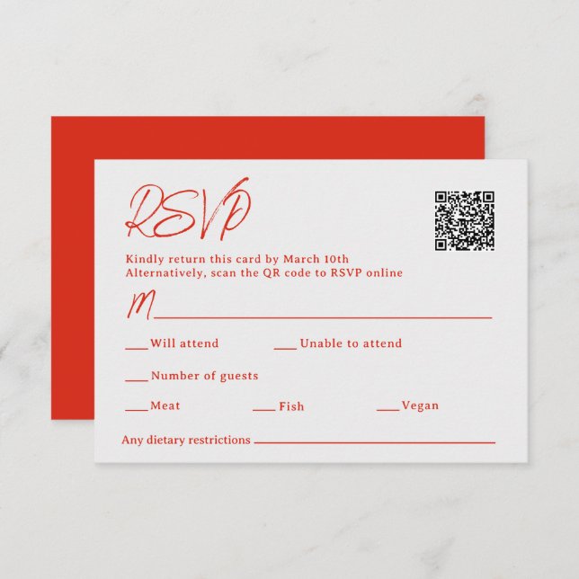 Cartão RSVP Casamento com Código QR de Poppy Sacan Vermelho (Frente/Verso)