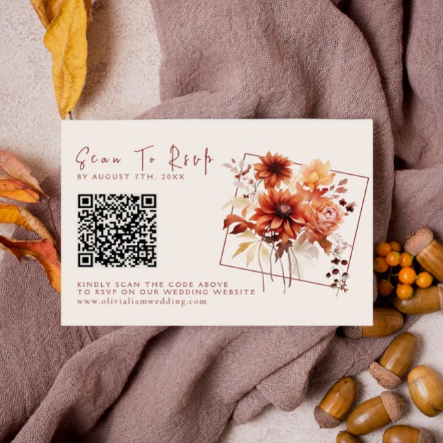 Cartão RSVP Casamento com Código QR de Queda Floral Moderno Te (Criador carregado)