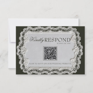 Cartão RSVP Casamento com Código QR de Renda Preta e Branca Vi