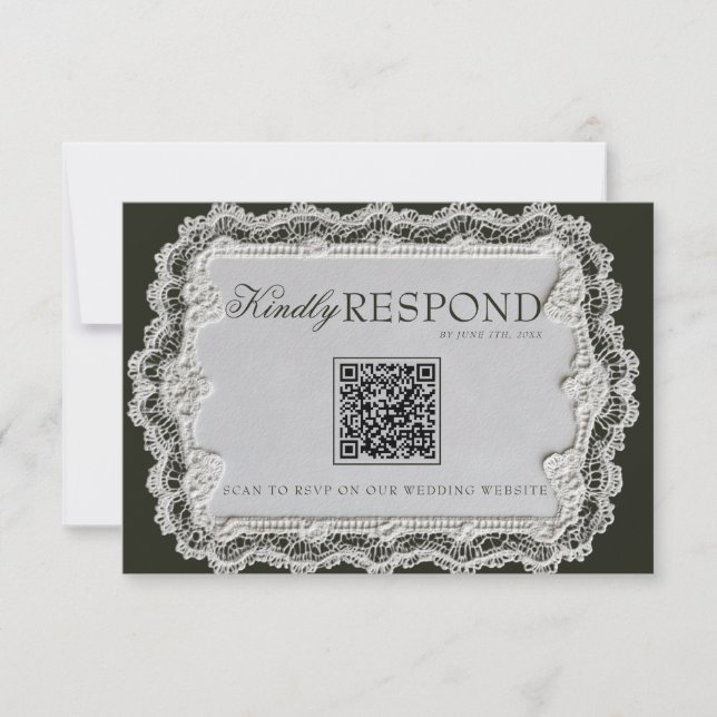 Cartão RSVP Casamento com Código QR de Renda Preta e Branca Vi (Frente)