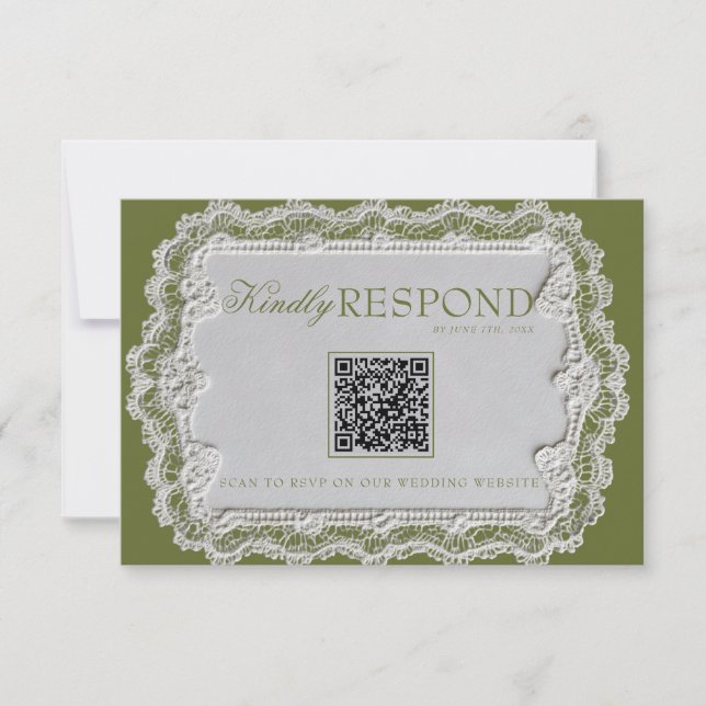 Cartão RSVP Casamento com Código QR de Renda Verde Oliva Vinta (Frente)