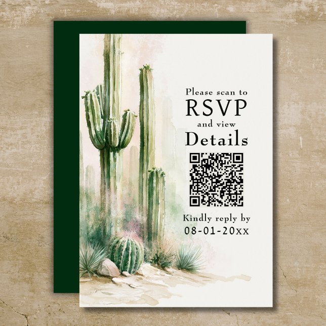 Cartão RSVP Casamento com Código QR do Deserto Sudoeste Cacto  (Watercolor Cactus Southwest Desert QR Code Wedding RSVP Card)
