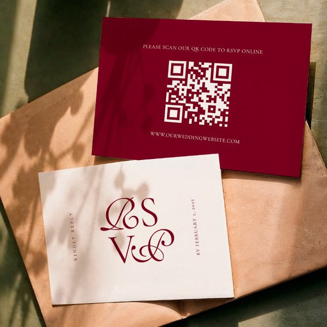 Cartão RSVP Casamento com Código QR em Script Burgundy Profund (Criador carregado)