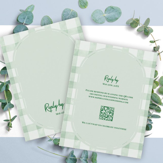 Cartão RSVP Casamento com Código QR em Xadrez Verde Sage (Sage Green Gingham QR Code RSVP Card | Garden Party Wedding Response Card)