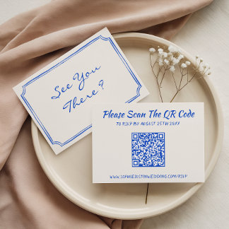 Cartão RSVP Casamento com Código QR Floral Azul Elegante