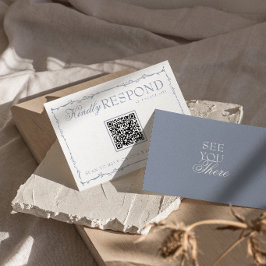 Cartão RSVP Casamento com Código QR Floral Azul Empoeirado Old