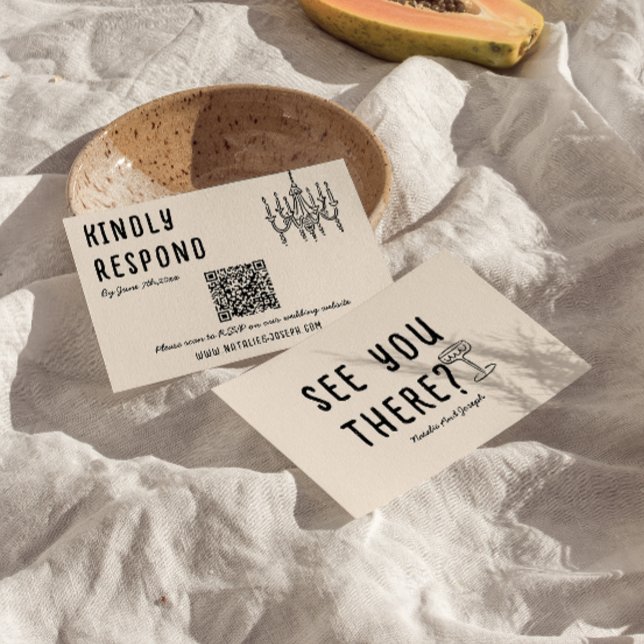 Cartão RSVP Casamento com Código QR Moderno Quirky Desenhado n (Criador carregado)